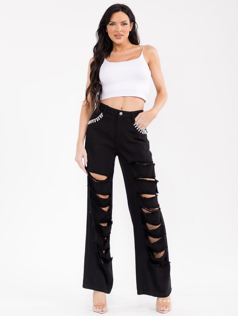 Black Rhinestone Fringe Distressed Wide Leg Jeans High Rise Y2K Glam Western